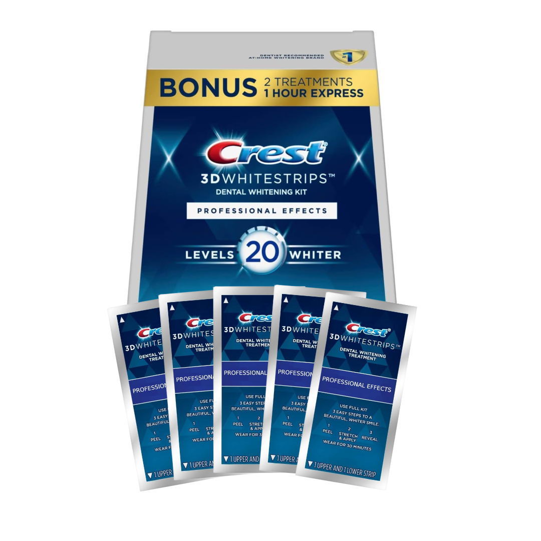 Crest 3D White Strips UK Level 20, professional-strength teeth whitening for visibly whiter teeth in 7–21 days.
