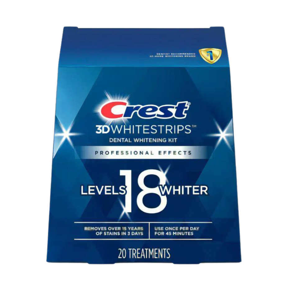 Crest 3D White Strips UK Level 18, professional-strength teeth whitening for visibly whiter teeth in 7–21 days