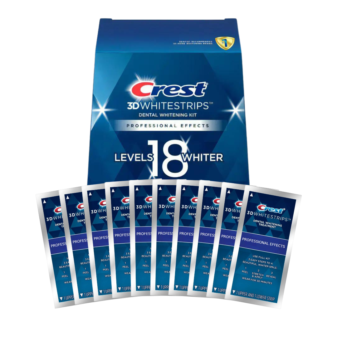 Crest 3D White Strips UK Level 18, professional-strength teeth whitening for visibly whiter teeth in 7–21 days