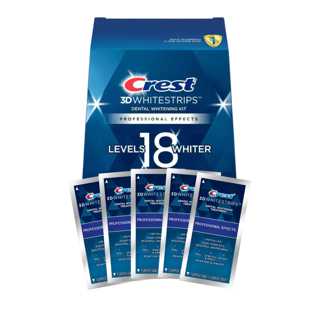 Crest 3D White Strips UK Level 18, professional-strength teeth whitening for visibly whiter teeth in 7–21 days