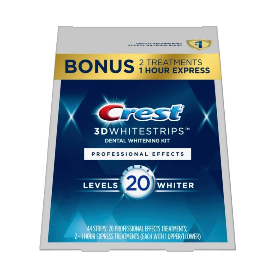 Crest 3D White Strips UK Level 20, professional-strength teeth whitening for visibly whiter teeth in 7–21 days.
