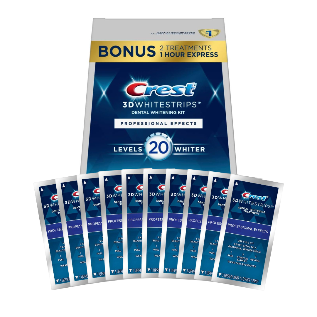 Crest 3D White Strips UK Level 20, professional-strength teeth whitening for visibly whiter teeth in 7–21 days.