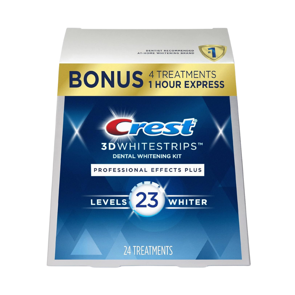 Crest 3D White Strips UK Level 23, professional-strength teeth whitening for visibly whiter teeth in 7–21 days.